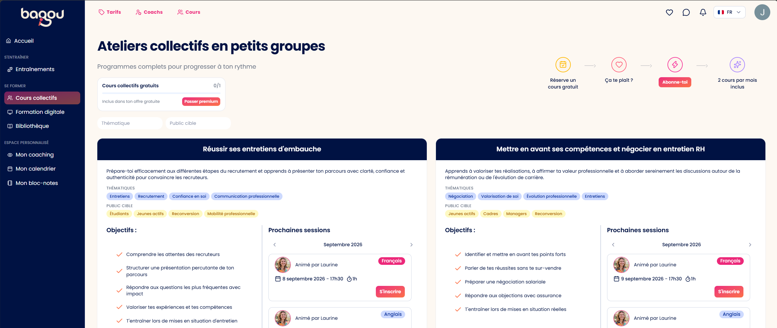 Le catalogue de masterclasses Bagou, chaque cours affiché avec sa vignette, son thème et sa durée.