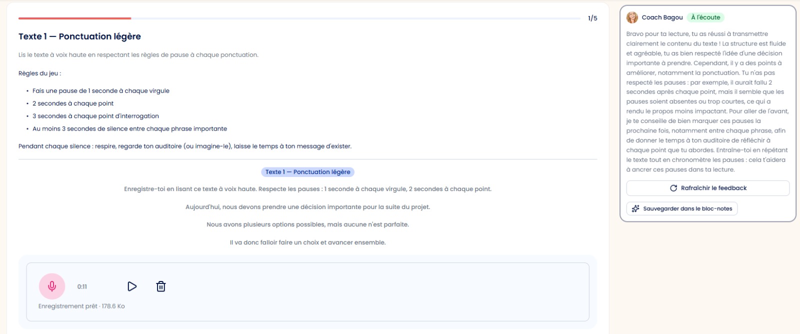 Un exercice d’entraînement Bagou&nbsp;: le texte à lire à voix haute, l’enregistrement de l’élève et, à droite, le feedback détaillé du coach IA sur ses pauses.